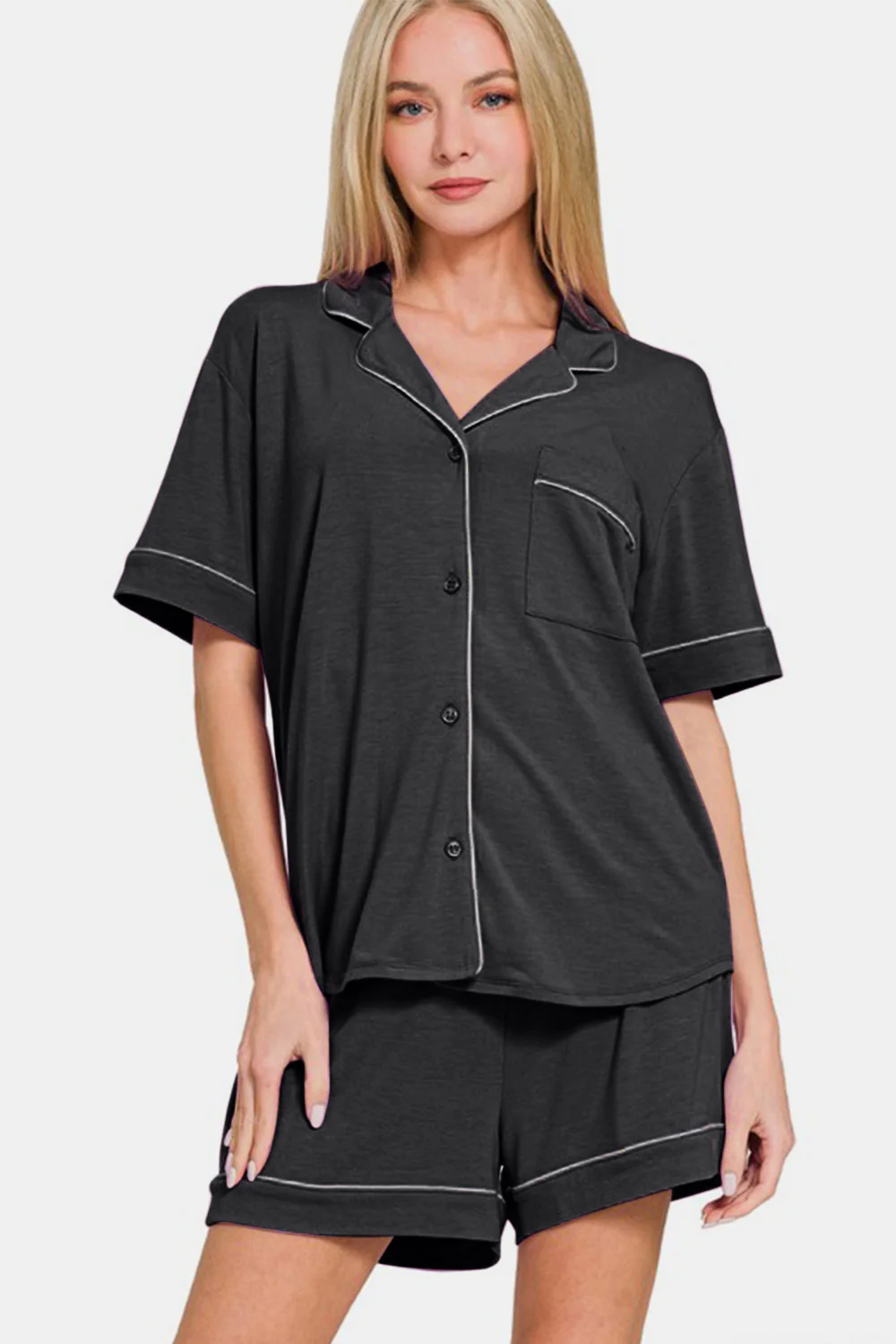 Button Down Short Sleeve Top and Shorts Lounge Set