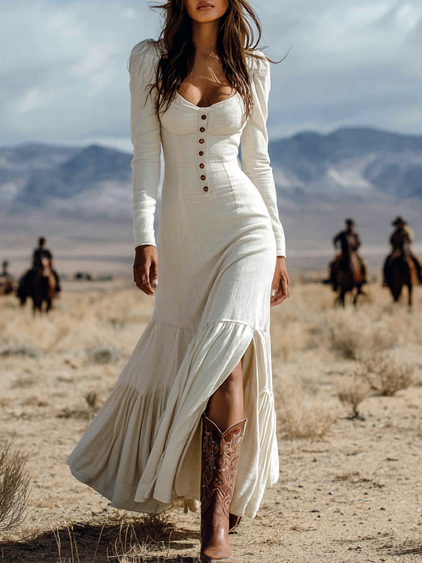 Slit Long Sleeve Tiered Maxi Dress