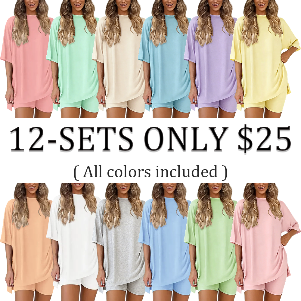 Women’s Oversized Lounge Set-Breathable Crewneck Top & Pocket Shorts