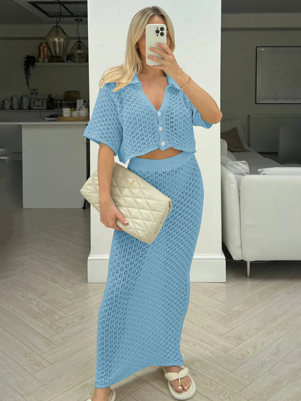 Knitted Crochet Multicolor Cardigan Button Skirt All-match Set Dress
