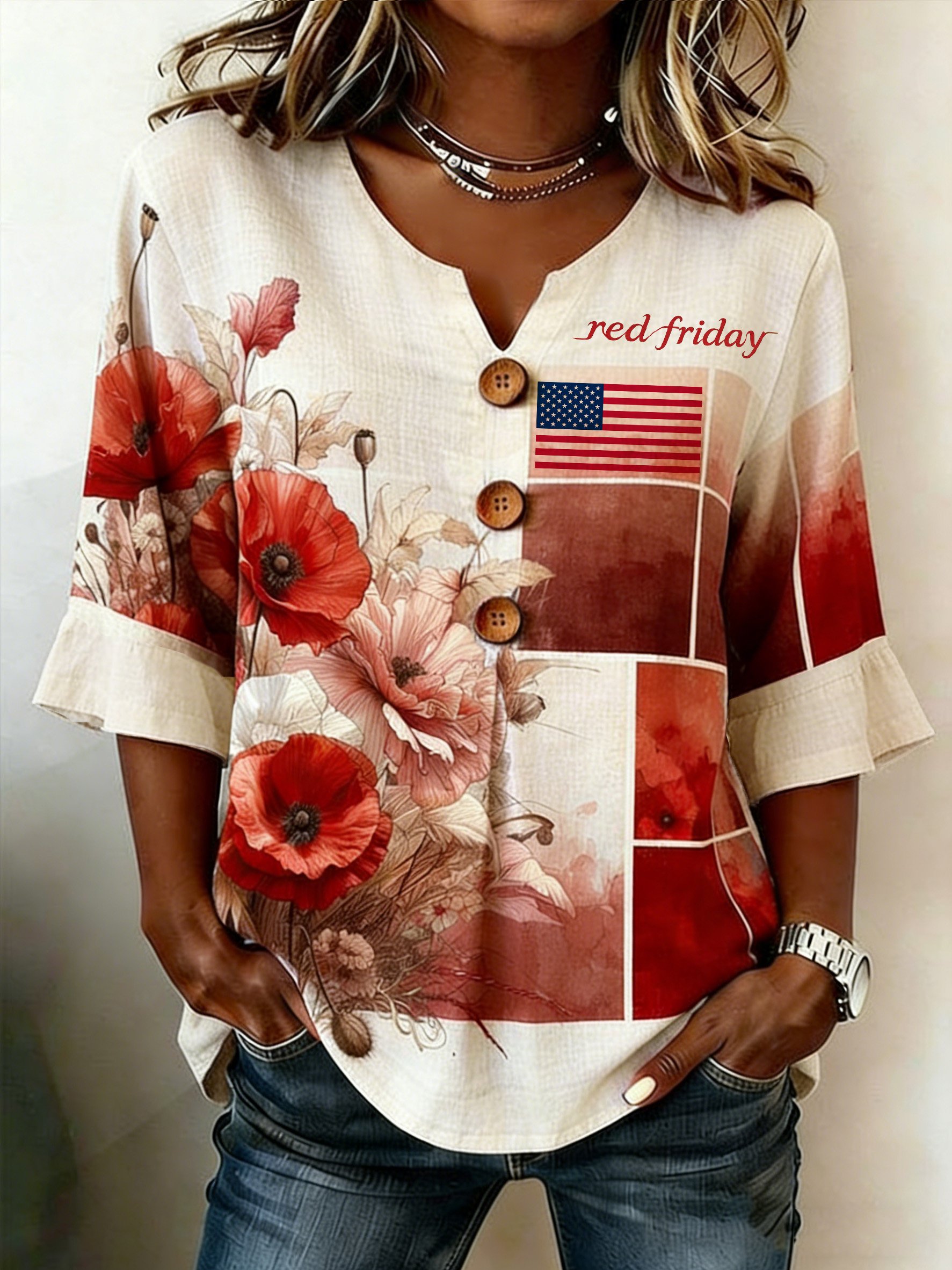 Women's Vintage Red Friday Printed Casual Top