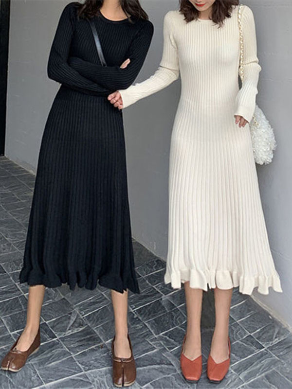 Ruffled Solid Color Long Sleeves Loose Round-Neck Sweater Dresses Midi Dresses