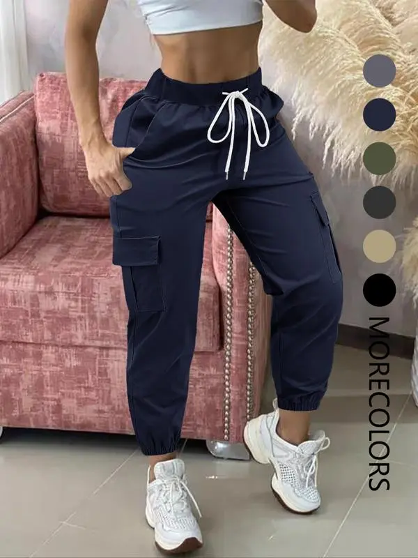 Women's Plain Drawstring Waist Cargo Pants, Casual Pocket Trousers for Daily Wear, Ladies Bottoms for All Seasons