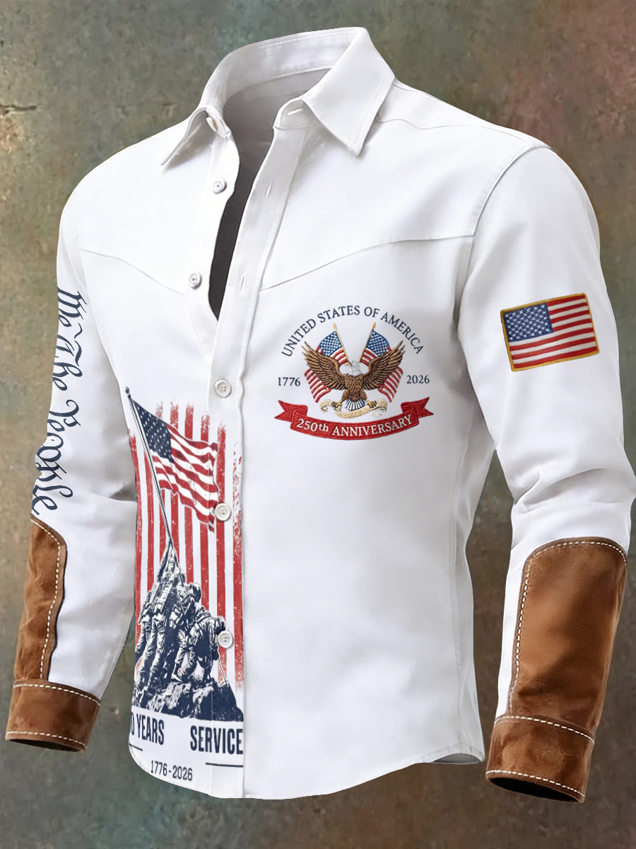 Men's Retro 250Th Anniversary Celebration Printed Patchwork Long Sleeved Button Up Shirt