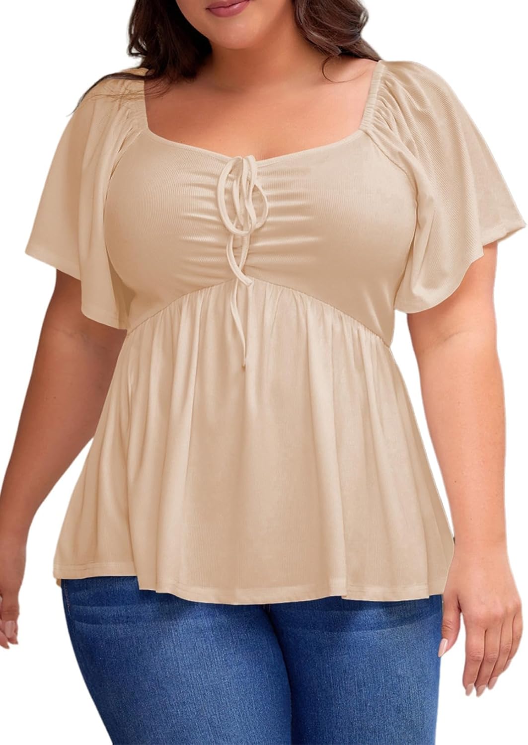 Womens Plus Size Tops Short Sleeve Sweetheart Neck Shirred Peplum Blouse Shirts
