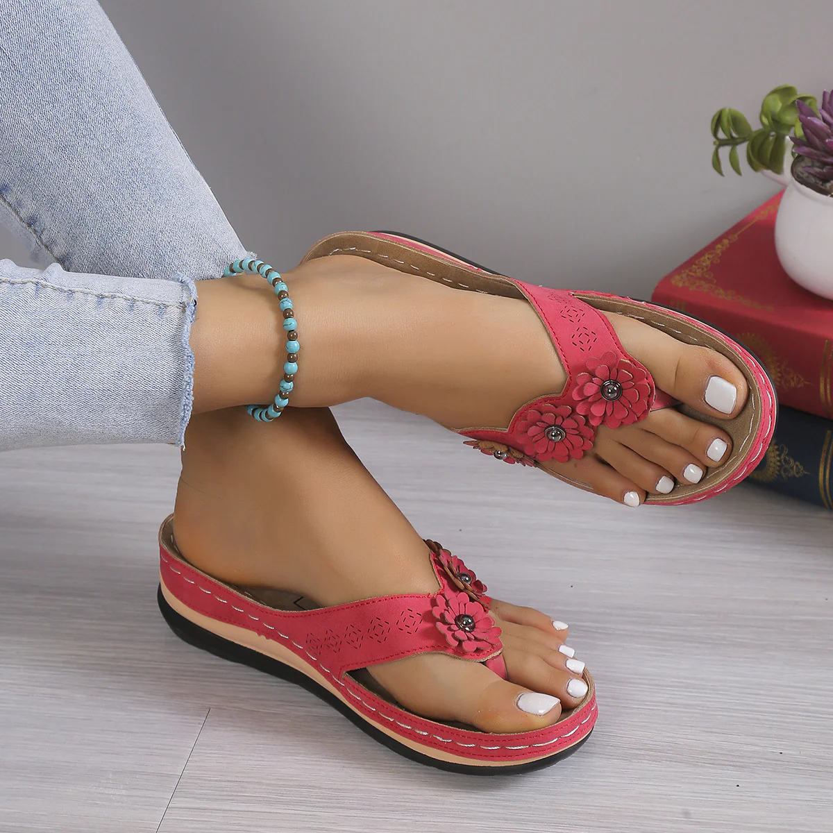 Flower Detail Vegan Leather Sandals (multiple color options)