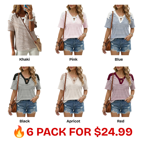 Women's Tops Summer Casual Short Sleeve Shirts V Neck Striped Color Block T-Shirts Blouses