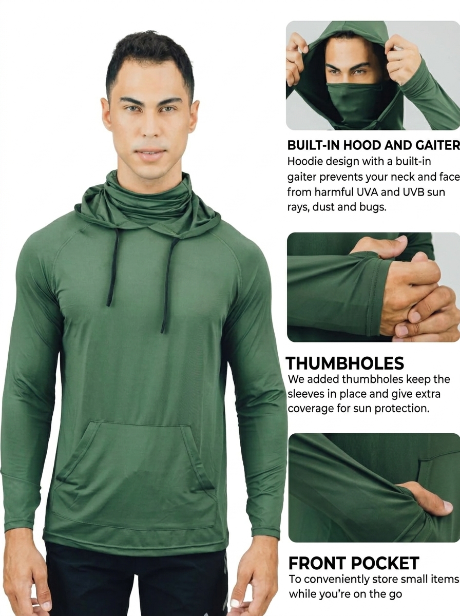 🔥Men's UPF 50 Hooded Long Sleeve Outdoor Shirt with Gaiter Lightweight Moisture Wicking Fishing & Construction Work Wear