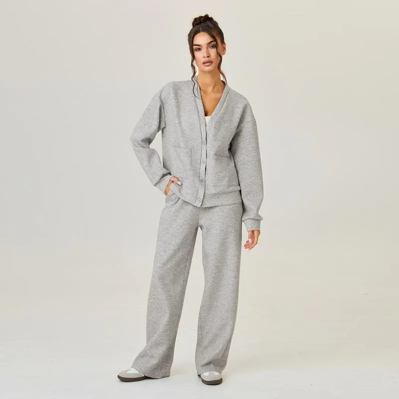 Women's Minimalist Solid Color V Neck Long Sleeve Button Cardigan & Drawstring Waist Trousers Co-ord, Soft Fall & Winter Two Piece Outfits