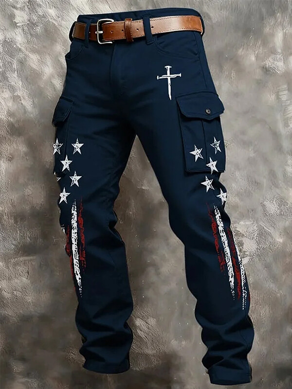 Men's Faith and Freedom American Flag Nail Cross Print Casual Cargo Pants