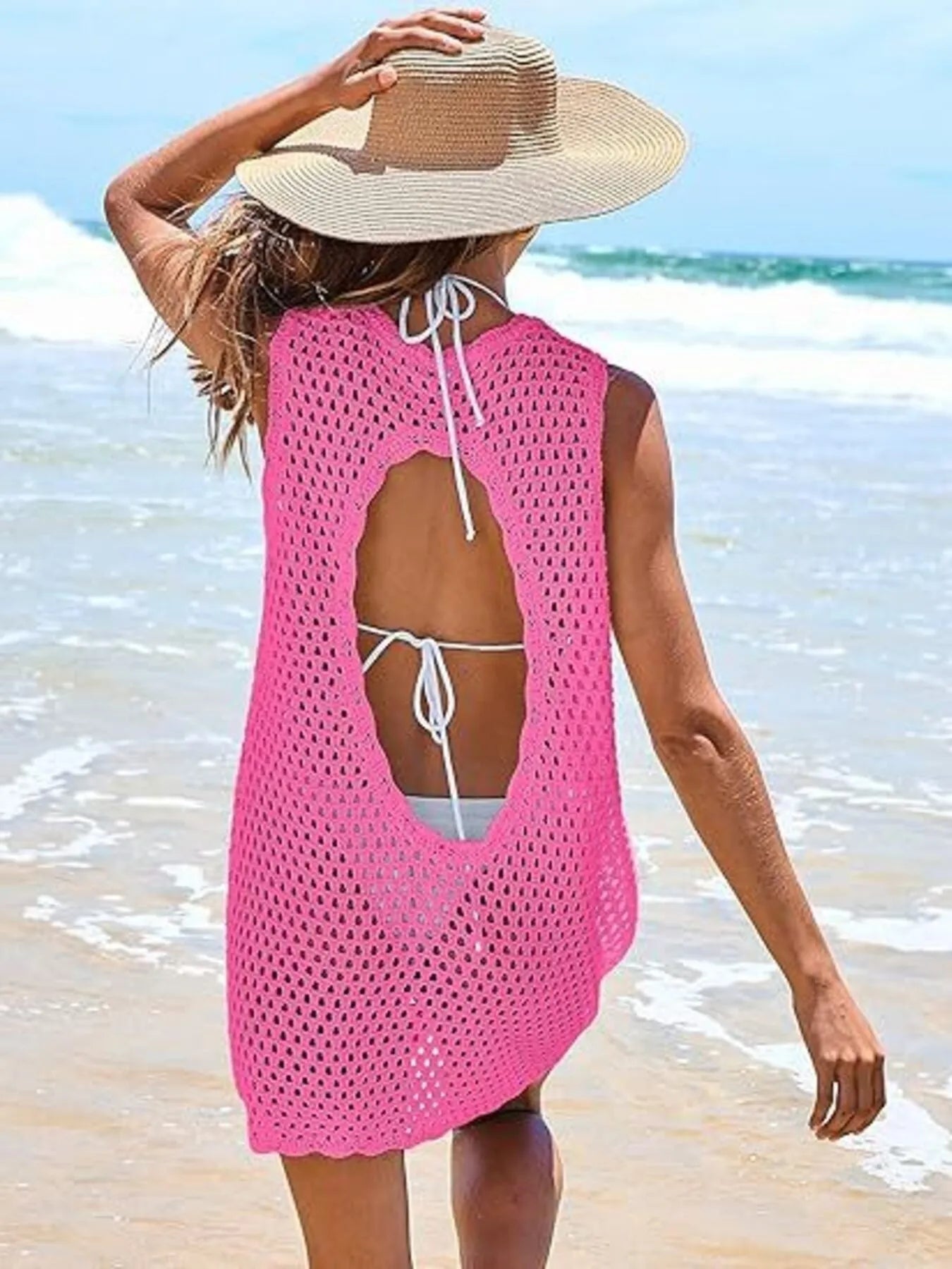 Color Block Openwork Sleeveless Cutout Back Cover-Up Mini Dress