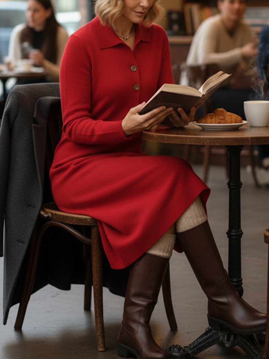 Classic Polo Collar Button Solid Color Knitted Midi Dress