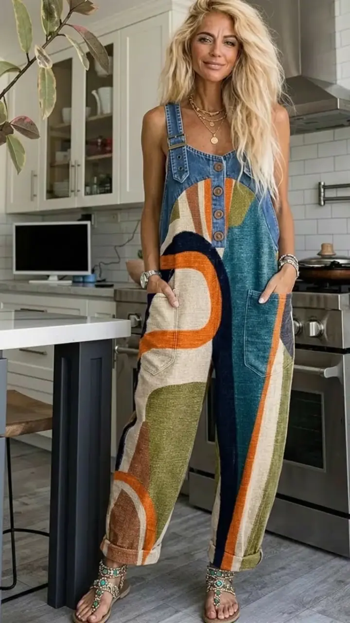 Women’s Fashionable Abstract Stripes Print Casual Denim Denim Patchwork Jumpsuit