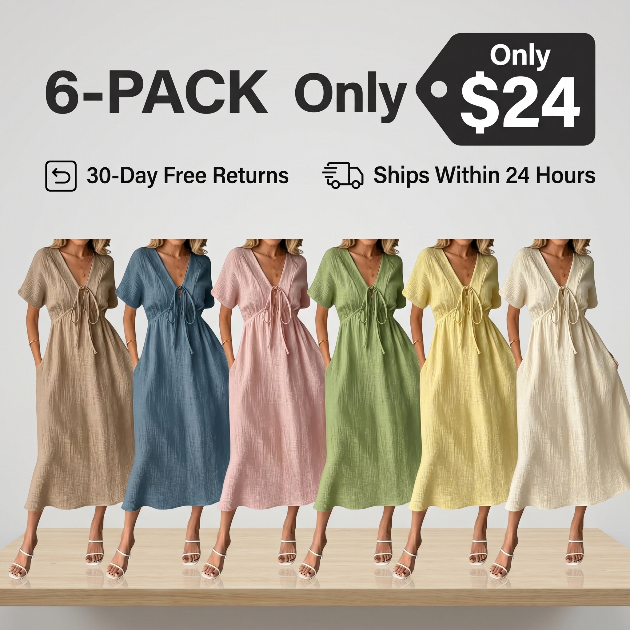 Women's Summer Solid-Color V-Neck Cotton Dress