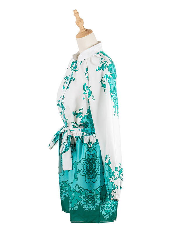 Vacation Puff Sleeves Loose Printed V-Neck Jumpsuit