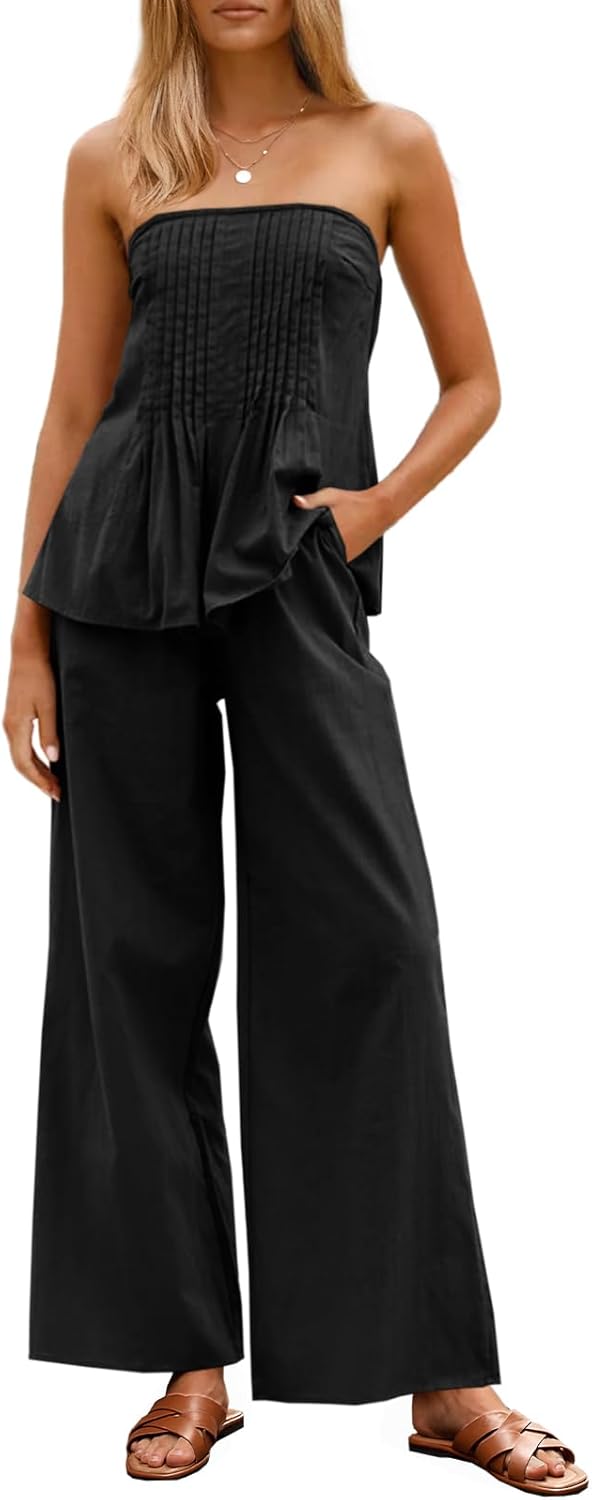 Women's 2 Piece Outfits Summer Strapless Tube Tops Wide Leg Pants Cotton Vacation Pleated Matching Lounge Set