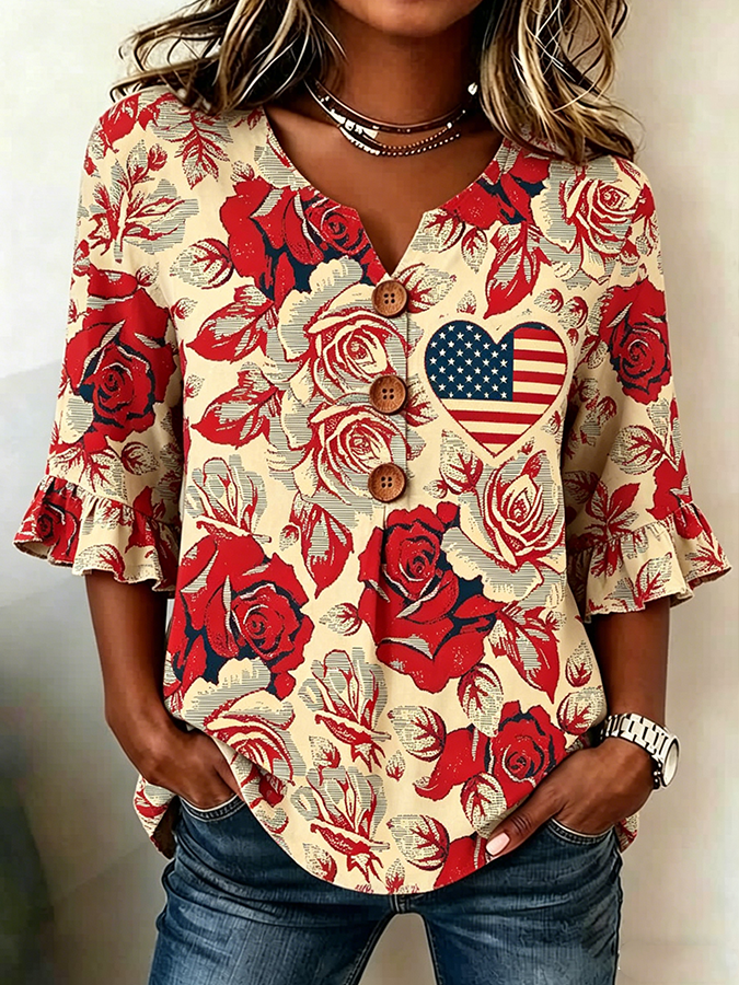 Women's Vintage Rose Floral Flag Heart Ruffle Sleeve Henley Blouse