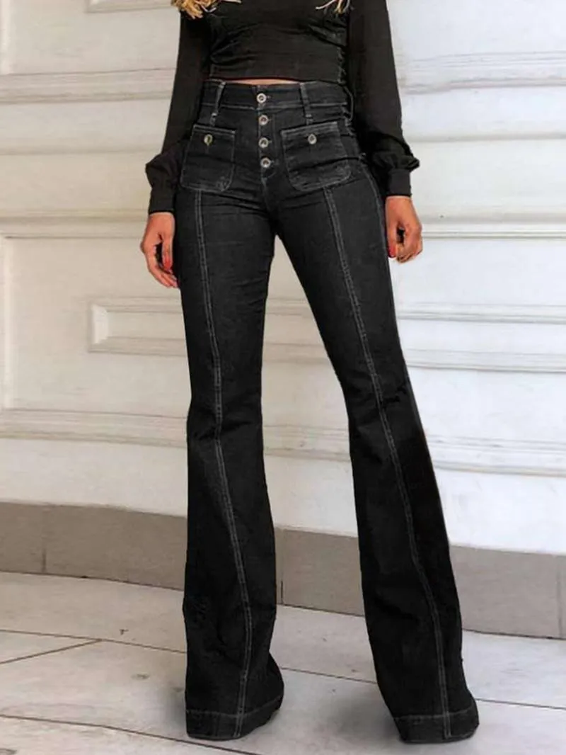 Women's Plain Flare Leg Jeans with Button & Pockets , Casual Bell Bottom Trousers for Daily Wear