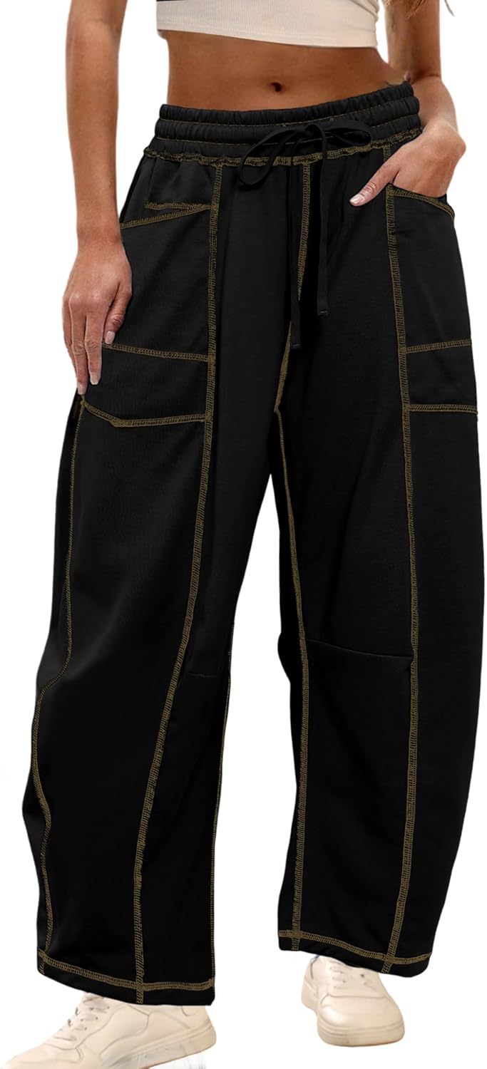 Womens Baggy Barrel Pants Wide Leg Lounge Drawstring Sweatpants with Pockets