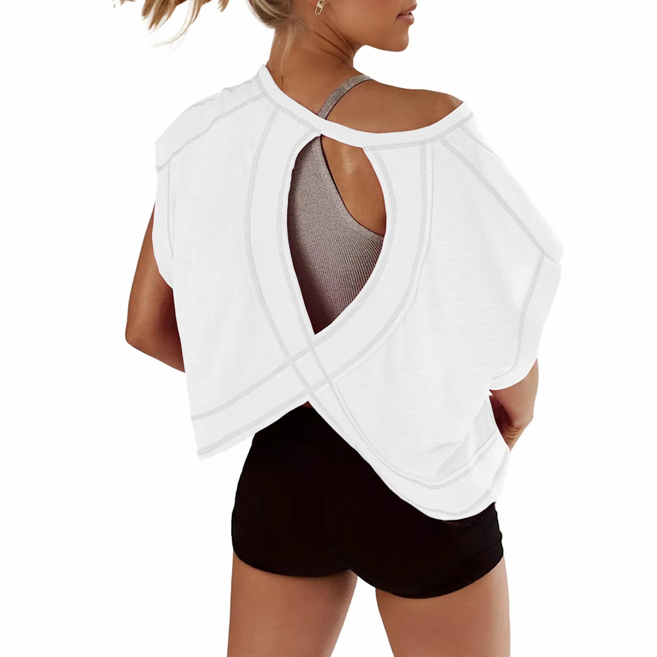 【Stock Up Deals】Women Short Sleeve Workout Shirts Open Back Tops Casual Yoga Y2k Athletic Gym Slouchy Crop Running Tees