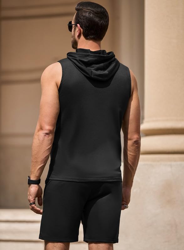 Men's Hoodie Short Set Workout Hooded Tank Top Solid Color 2 Piece Outfit Summer Sleeveless Tracksuits