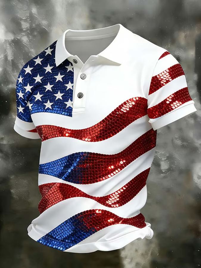 Men'S Casual American Flag Brick Inlaid Personalized Printed Short Sleeved Polo Shirt