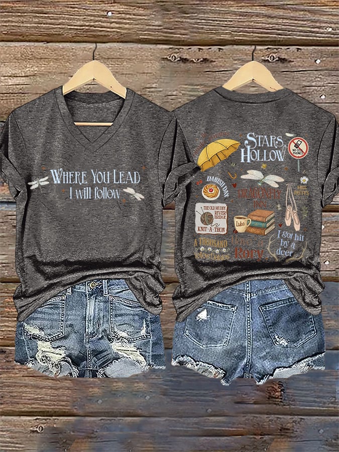 🔥HOT SALE🔥V-Neck Retro Stars Hollow Autumn Luke Diner Coffee Dragonfly Inn Where You Lead, I Will Follow Print T-Shirt
