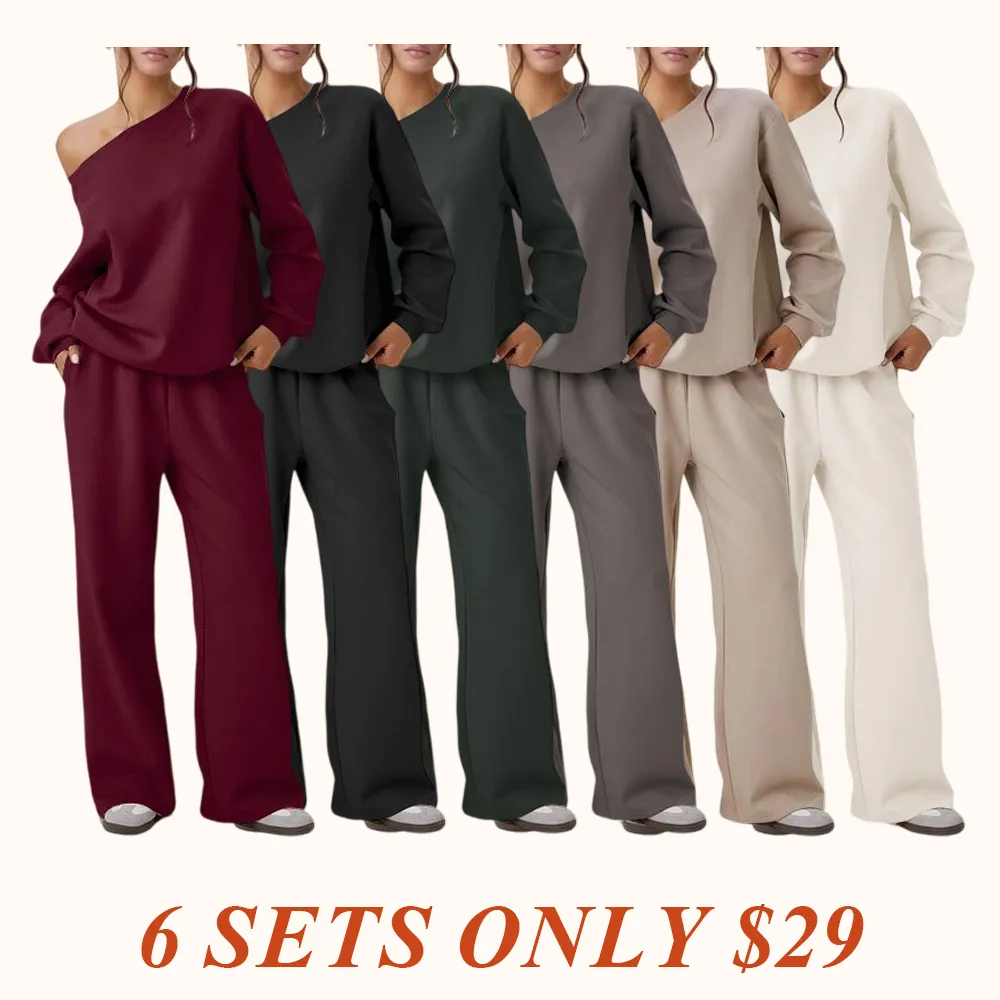 Women's Leisure Solid Color Sloping Shoulder Long Sleeve Top & Wide Leg Trousers Co-ord