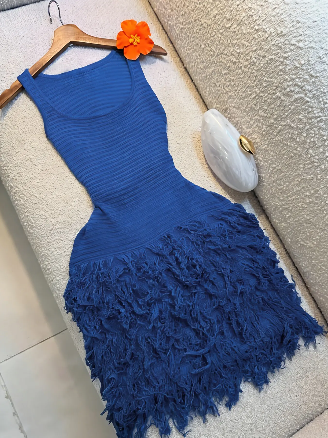 Elegant Knitted Bodycon Dress, Summer Vacation Fringe Skirt, Slim Fit Sleeveless Knit Vest Dress, Solid Round Neck Sweater Dress, Spring & Summer Women's Clothing