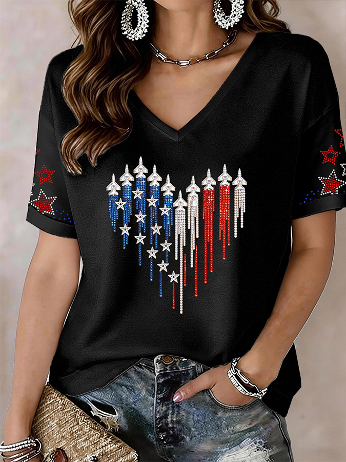 Women's USA Sparkly Rhinestone V-Neck T-Shirt