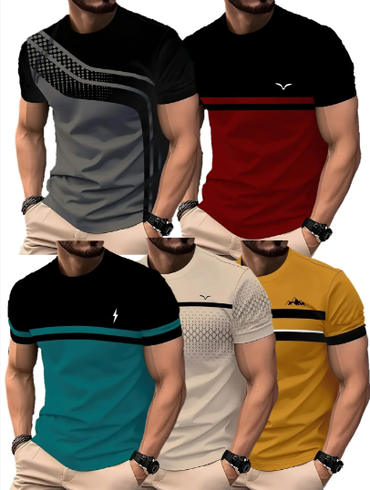 Men's Fashion & Casual Striped Short-Sleeve T-Shirt 5-Piece Set — Breathable & Quick-Drying