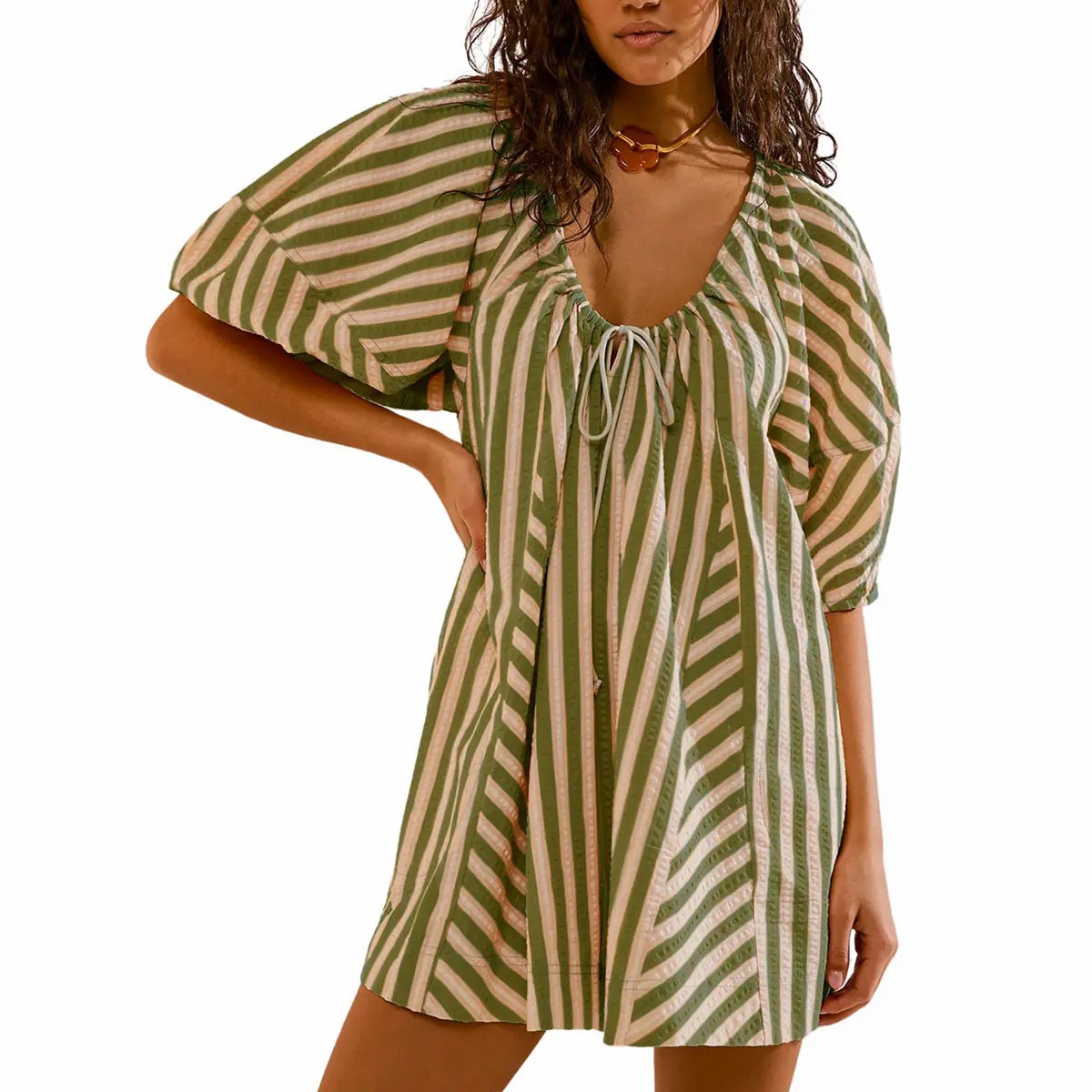 Women's Striped Wide Leg Romper – Puff Sleeve Loose Jumpsuit with Pockets