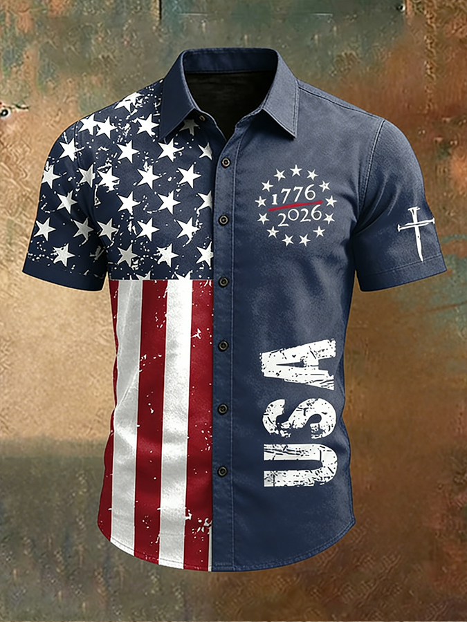 Men'S Flag Printed Casual Button Up Shirt