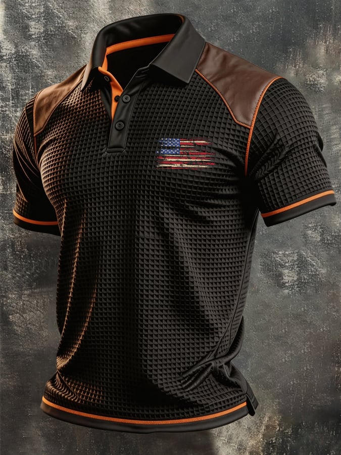 Men's Retro Knitted Polo Shirt with 3D Square Grid Pattern and Leather Paneling