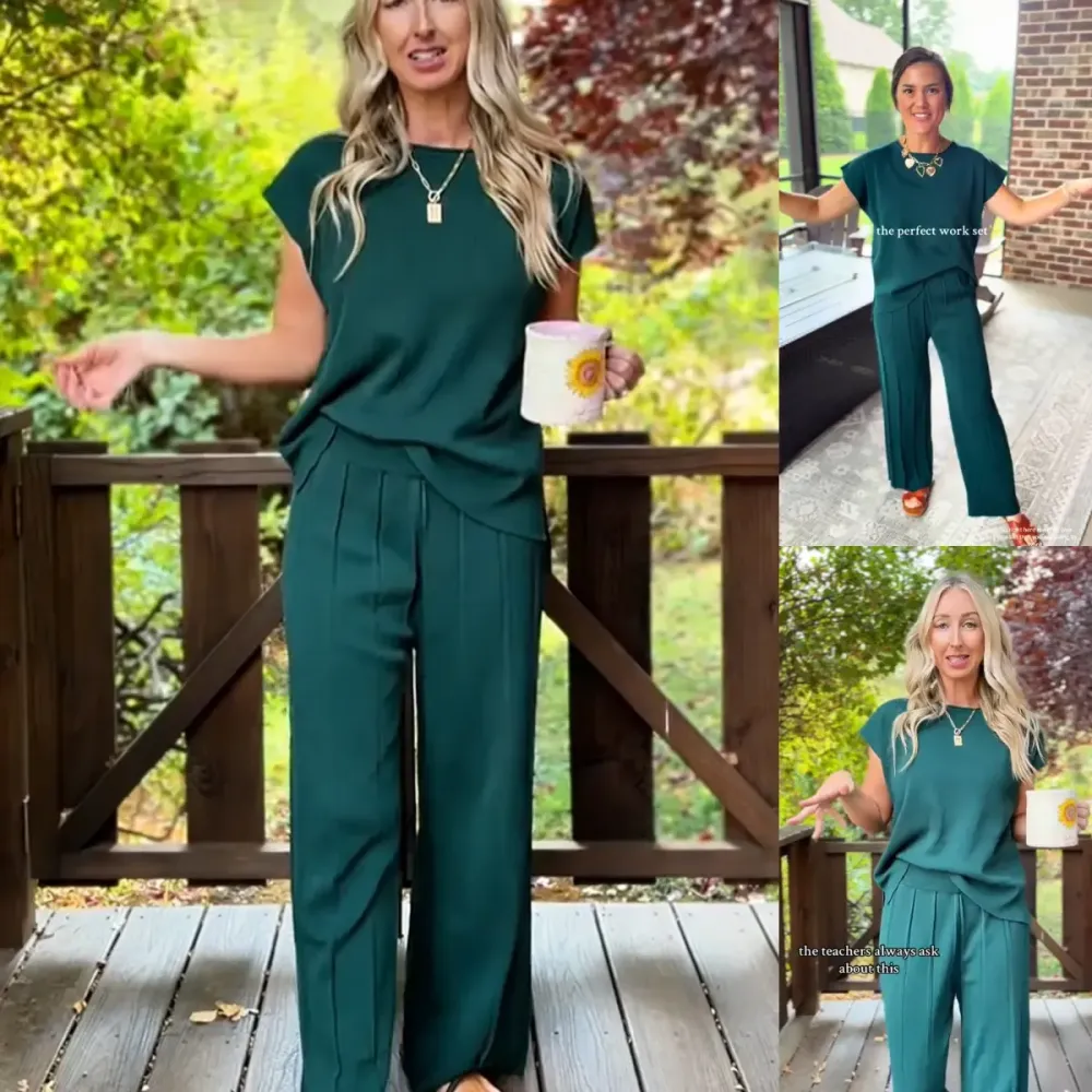Lounge Sets for Women Two Piece Outfits Knit Cap Sleeve Tops Wide Leg Pleated Pants Casual Dressy Sweater Sets