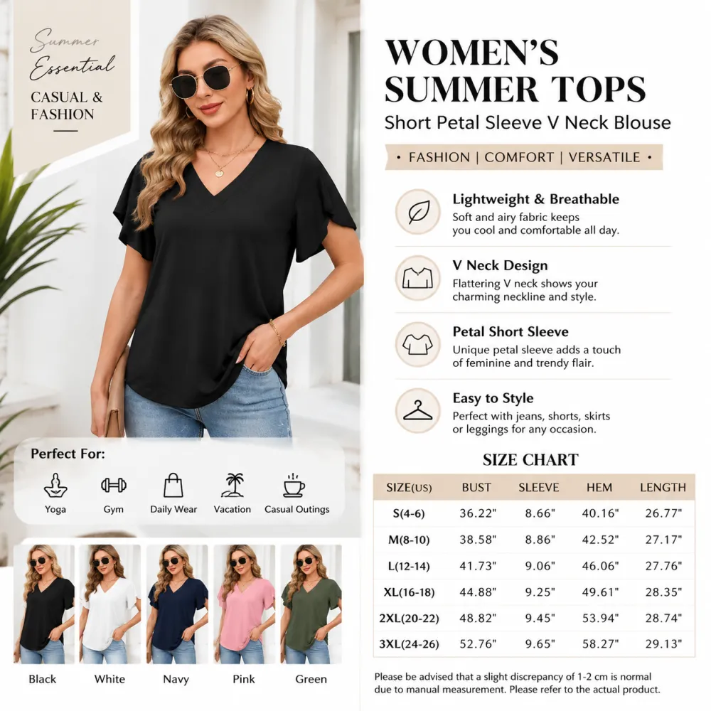 Womens Short Sleeve V Neck Dolman Tops with Side Shirring Loose Fit Shirts