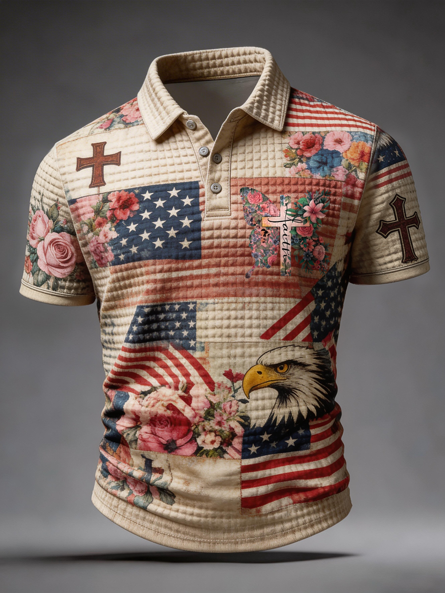 Patchwork American Flag Eagle Faith Cross Waffle Polo Shirt
