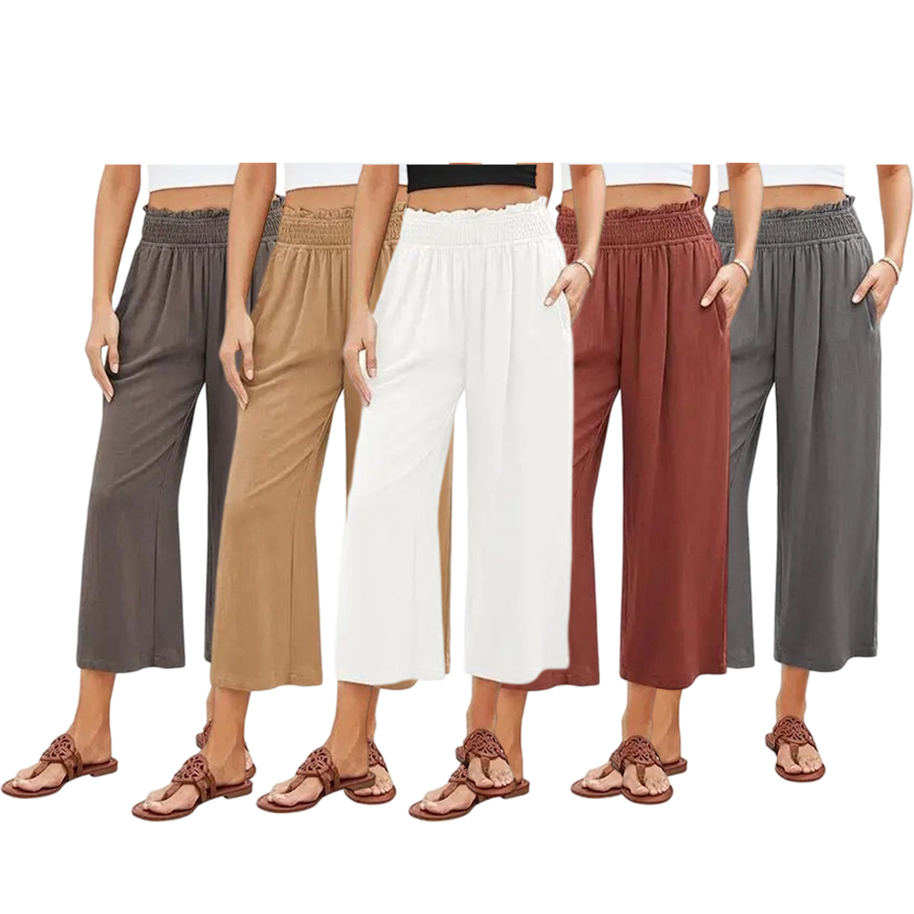 Linen Capri Pants for Women High Waisted Wide Leg Linen Palazzo Trousers Pull On Elastic Smock Waist Loose Flowy Pants