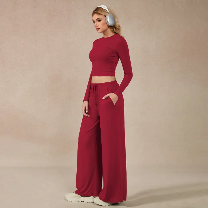 Women’s Long-Sleeve Crop Top & Wide-Leg Pants Activewear Set