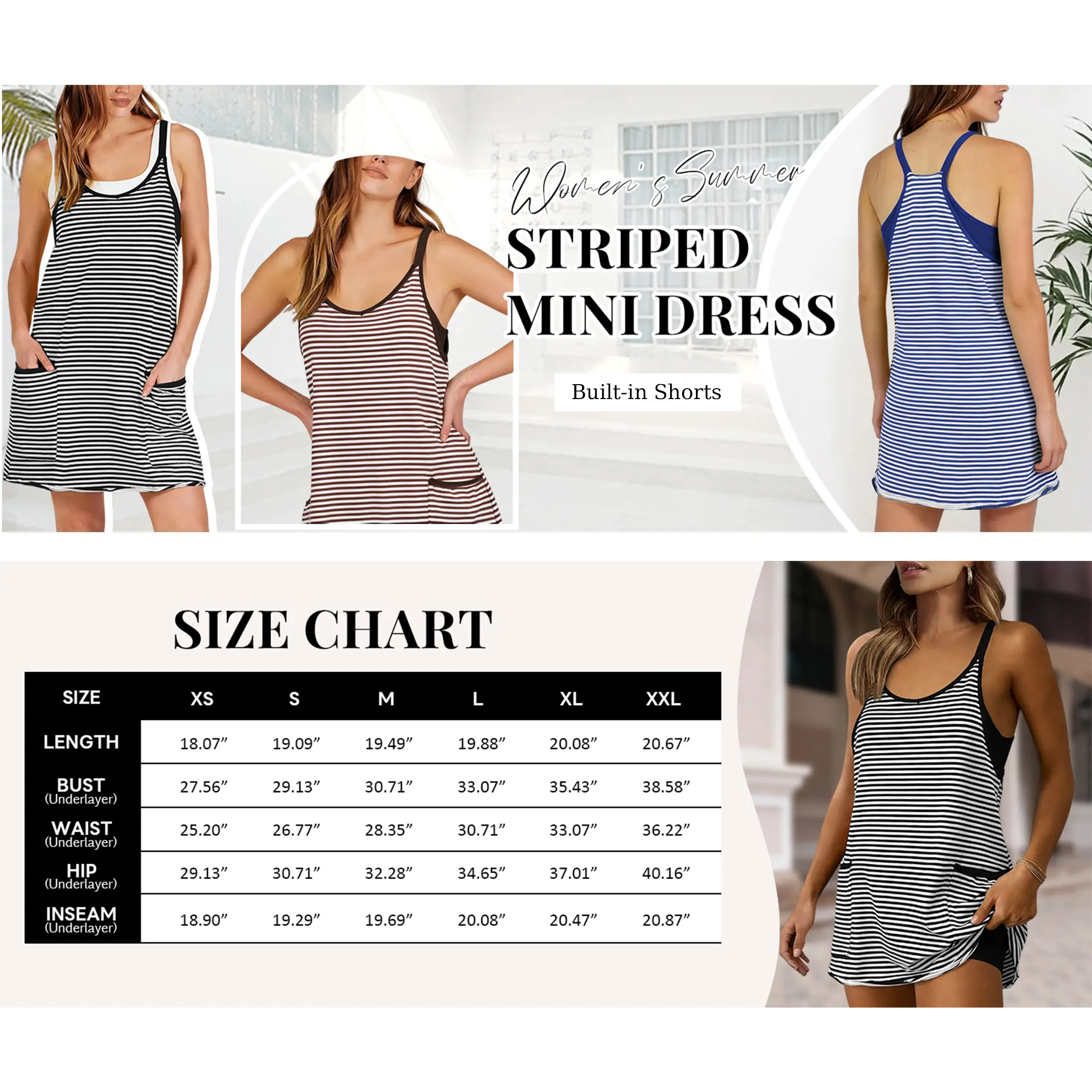 Yeokou Women's Summer Athletic Dress with Built-in Shorts - Sleeveless V-Neck Striped 95% Cotton 5% Spandex, Casual Wear, Women's Clothes, Beach Outfits, Tennis Workout Vacation, XS-XXL Brown