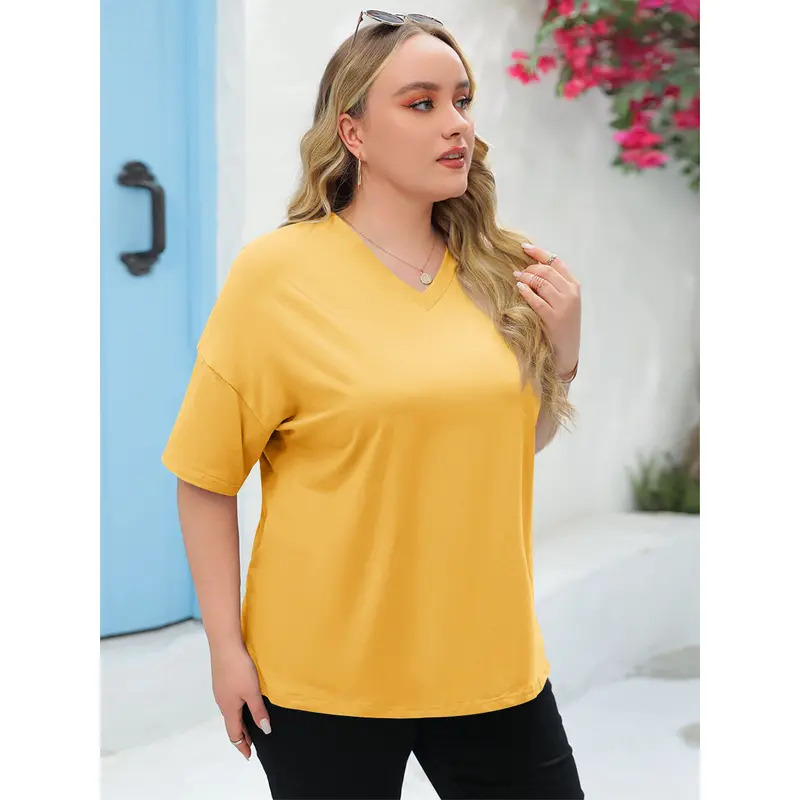 Women's Plus Size V Neck T Shirts Summer Half Sleeve Tees Casual Loose Fit Cotton Tunic Tops