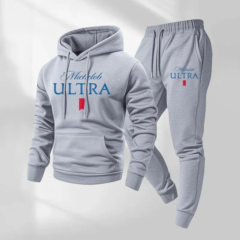 Men's vintage print hooded sweatshirt and drawstring sweatpants set, men's clothing