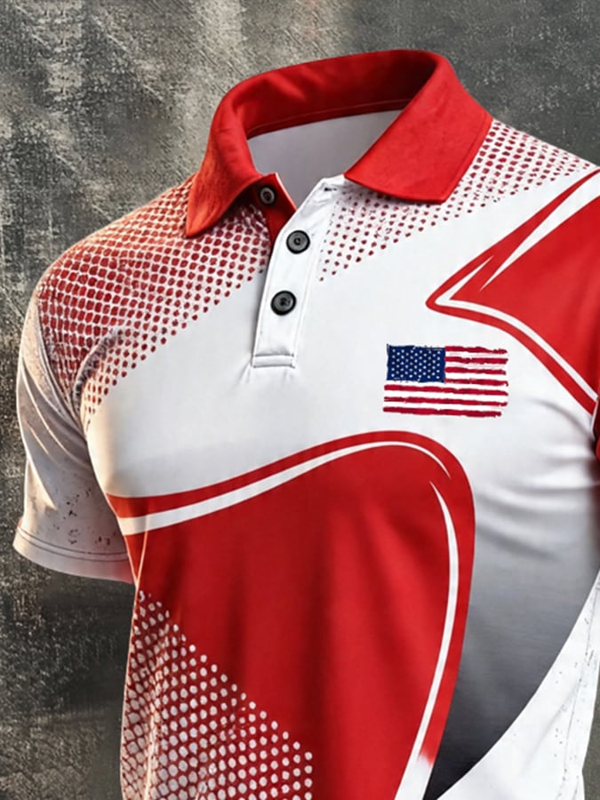 Men's Retro Patriotic Color-Block Short-Sleeve Polo Shirt