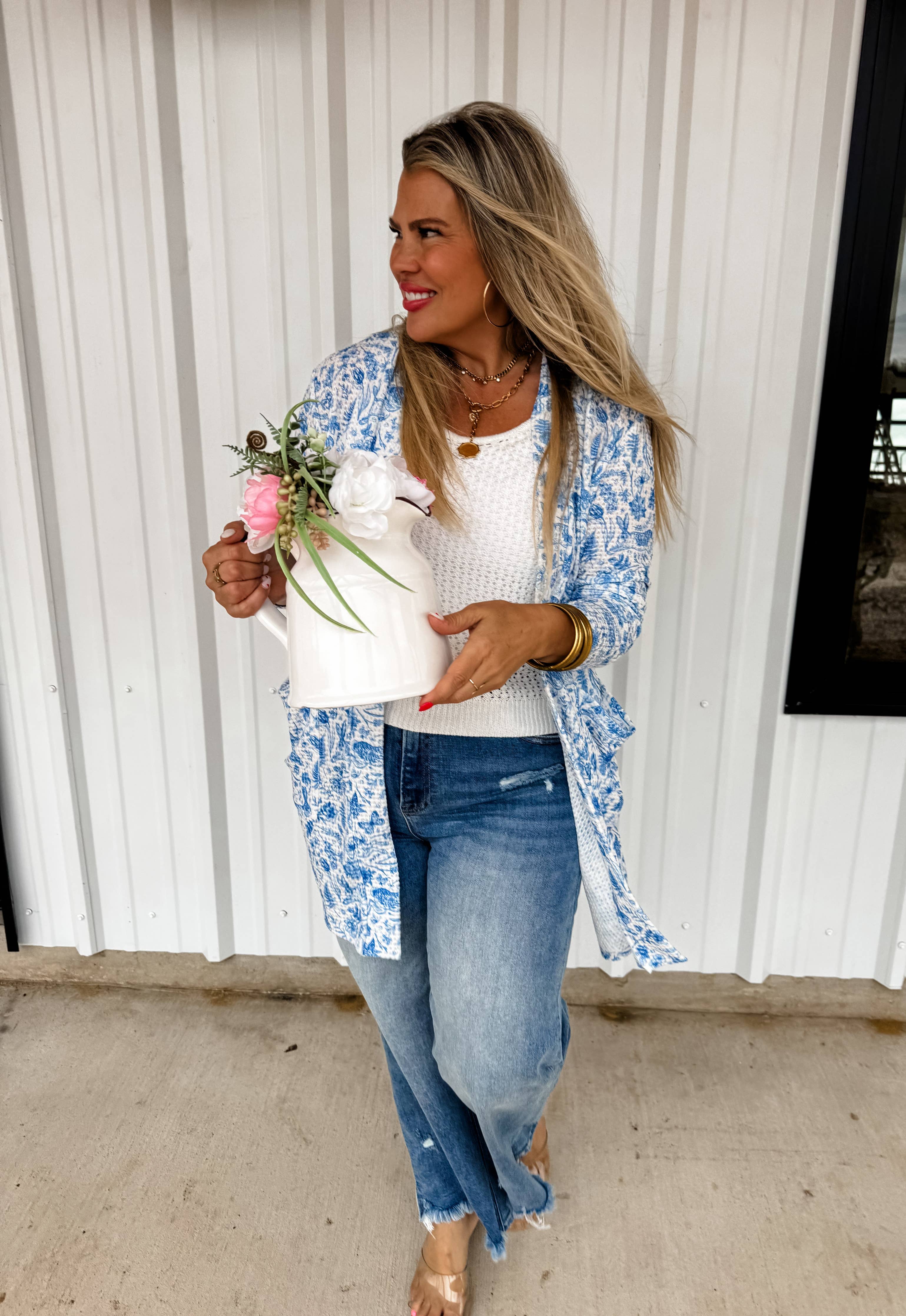 Lola Full Size Easter Print Cardigan in Blue