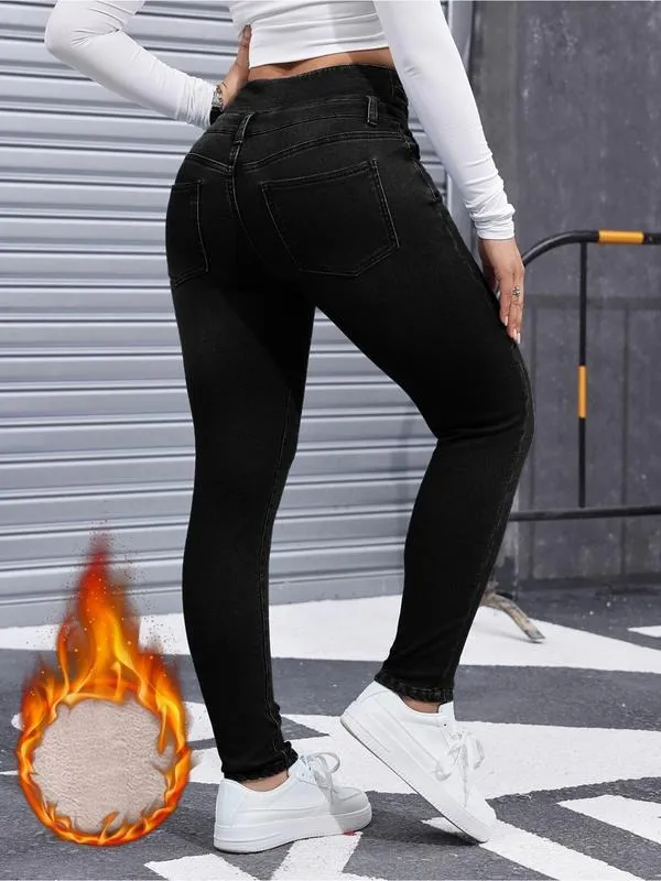 Women's High Elasticity Fleece Lined Thick Denim Jeans
