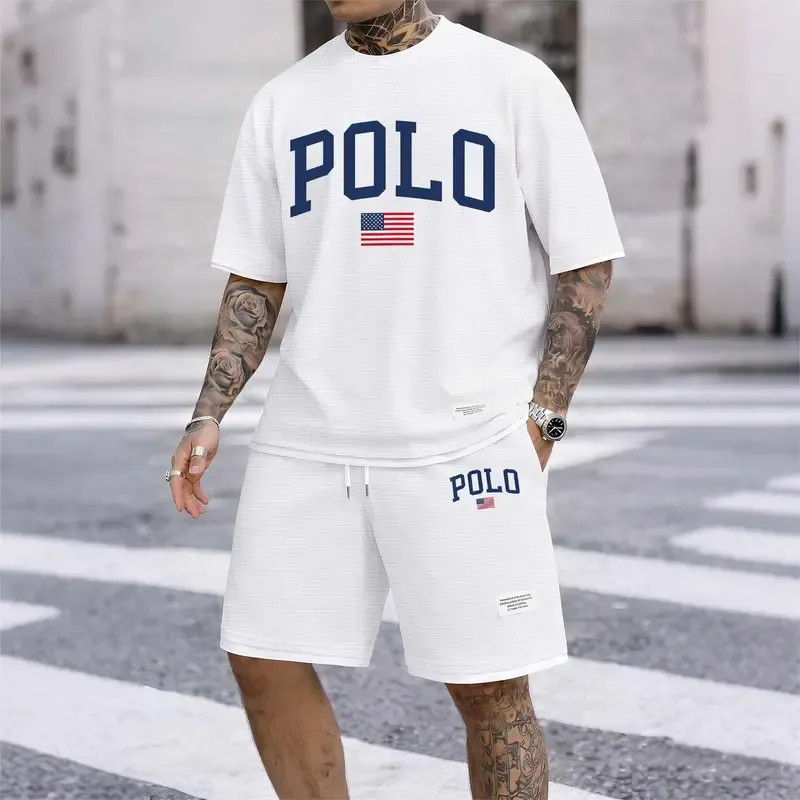 Men's Spring/Summer Printed Polo Shirt and Drawstring Shorts Set
