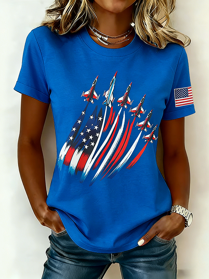 Women'S Retro American Independence Day Commemorative Printed Round Neck T-Shirt