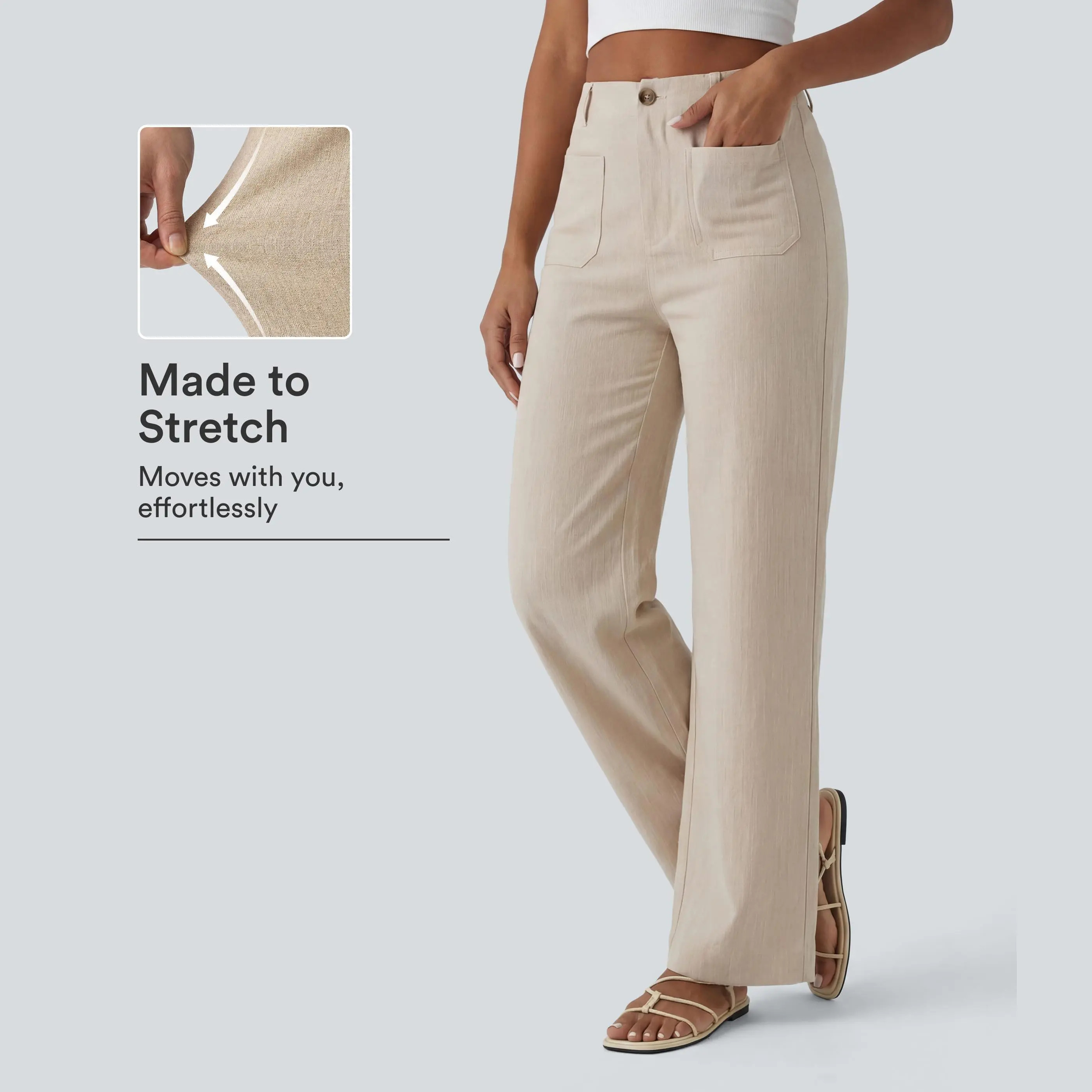 High-waisted straight-leg casual trousers with a linen-like texture