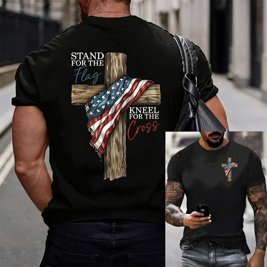 Men's Stand For The Flag Kneel For The Cross Printed Casual T-Shirt