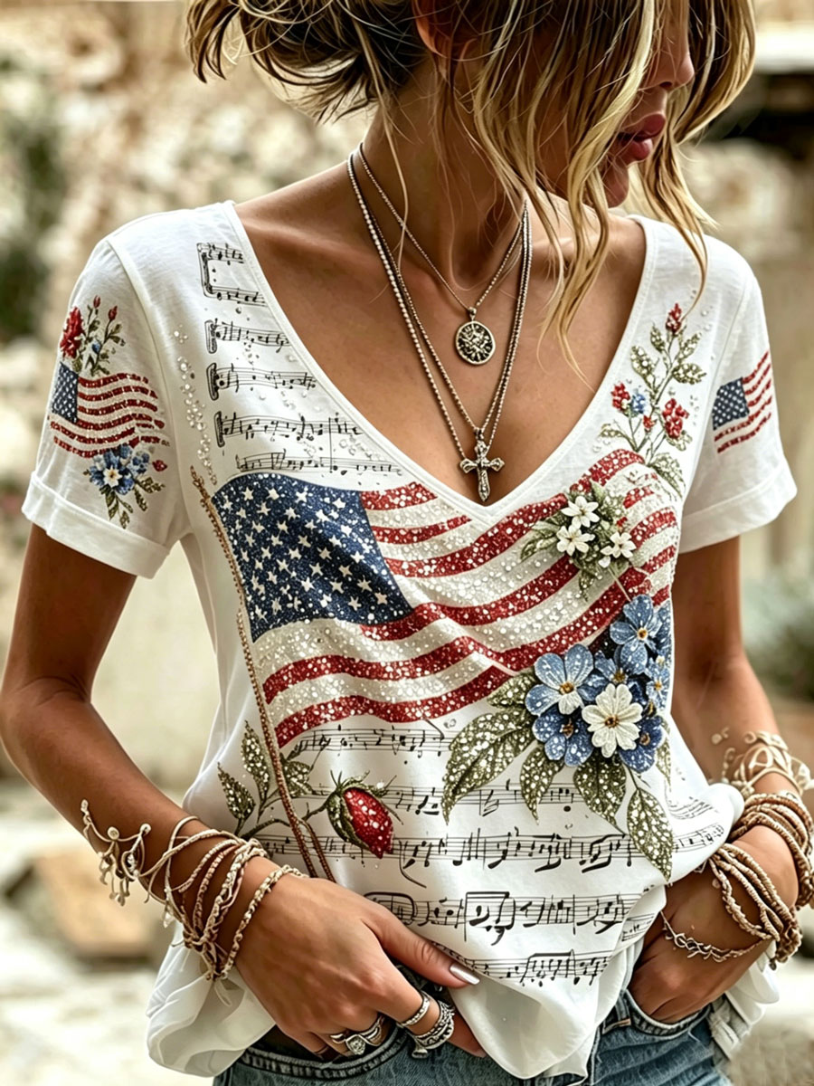 Women's Vintage American Flag, Floral, And Sheet Music Print V-neck Top